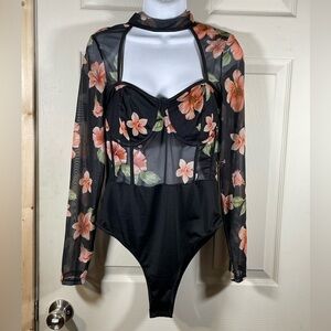 SHEIN Black and Pink Floral Mesh Bodysuit